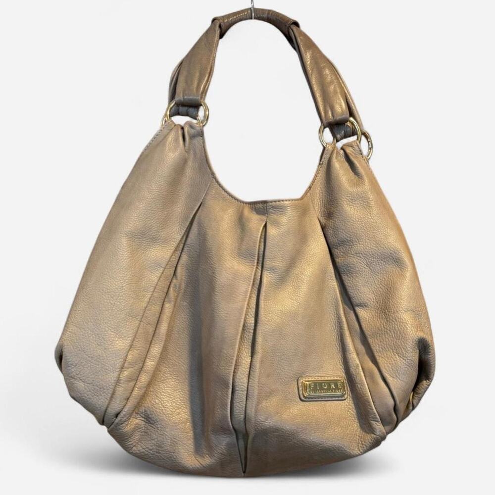 Isabella Fiore Taupe Leather Hobo Bag - Pleated Slouchy Shoulder Bag
